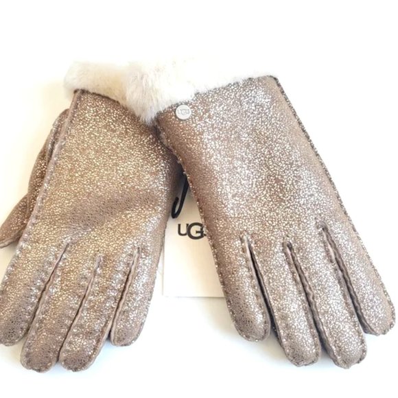 New UGG AUSTRALIA Bailey Sparkle Shearling Sheepskin Chestnut Gold Gloves NWT - Picture 1 of 4